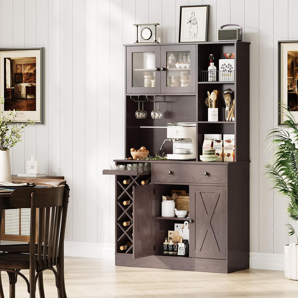 71-Inch Kitchen Hutch Cabinet with Storage, White & Light Walnut Top, Acrylic Double Doors, Pantry Organizer for Dining Room & Kitchen Storage