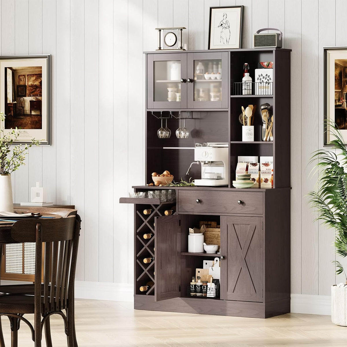 71-Inch Kitchen Hutch Cabinet with Storage, White & Light Walnut Top, Acrylic Double Doors, Pantry Organizer for Dining Room & Kitchen Storage