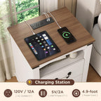 Maupvit Farmhouse Night Stand with Charger Station & Ceramic Handle, Wood Nightstand with 2 Storage Drawers, LED Bedroom Nightstand, Bedside Tables, Antique White