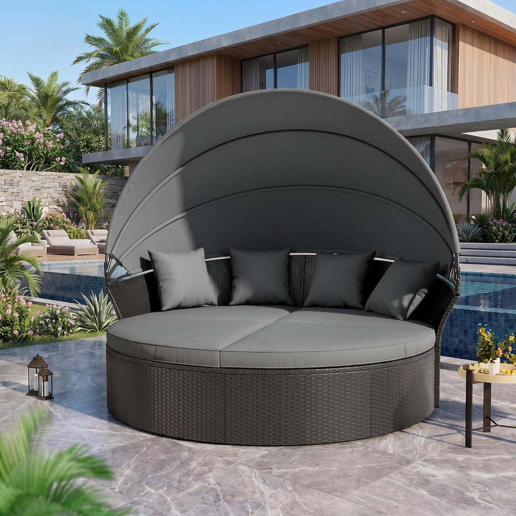 Crownland Round Patio Daybed with Retractable Canopy, Clamshell Wicker Sectional, Outdoor Wicker Furniture Daybed for Backyard, Poolside, or Garden，Grey