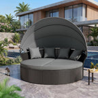 Crownland Round Patio Daybed with Retractable Canopy, Clamshell Wicker Sectional, Outdoor Wicker Furniture Daybed for Backyard, Poolside, or Garden，Grey
