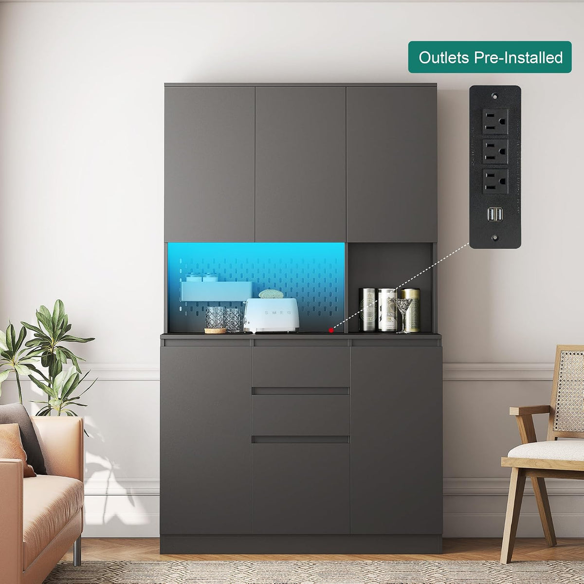 roomfitters 74" Kitchen Pantry Cabinet with Charging Station & USB Ports, Large Food Storage Cupboard, Microwave Stand, Black