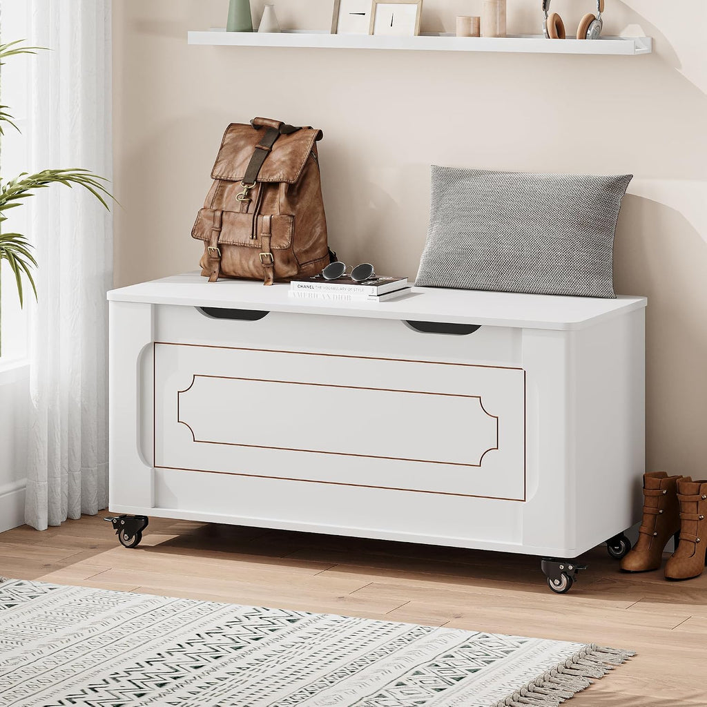 IDEALHOUSE Storage Chest, 39.4" Storage Bench Wooden Storage Trunk, White | Supports 350 lbs ＆ Safety Hinges, Lift-Top Entryway Bench, Shoe Bench for Entryway, Bedroom, Living Room, Modern Style