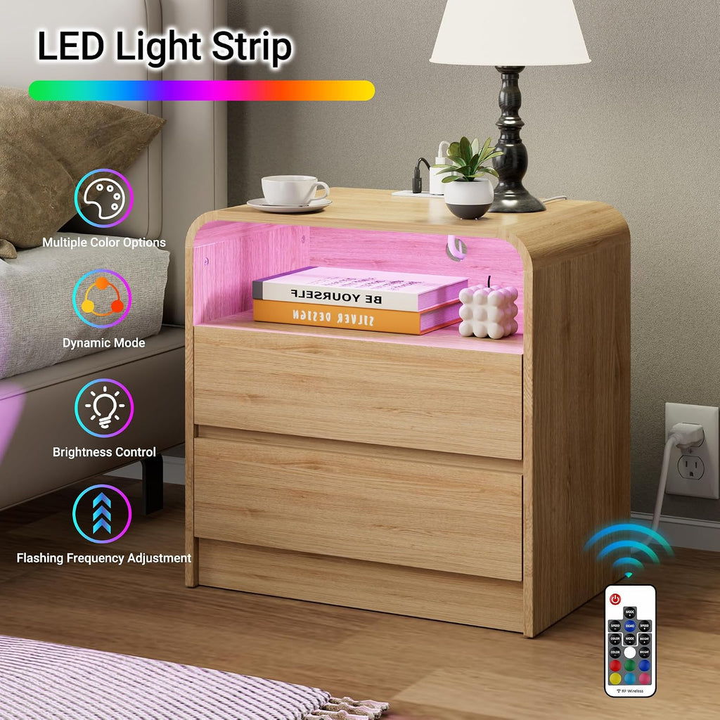 23"W 2 Drawer Nightstand with Charging Station and RGB LED Light | Curved Profile, Natural Oak, Handleless, Bedroom, FSC-Certified Wood, Modern, Open Shelf, Night Stand, End Table