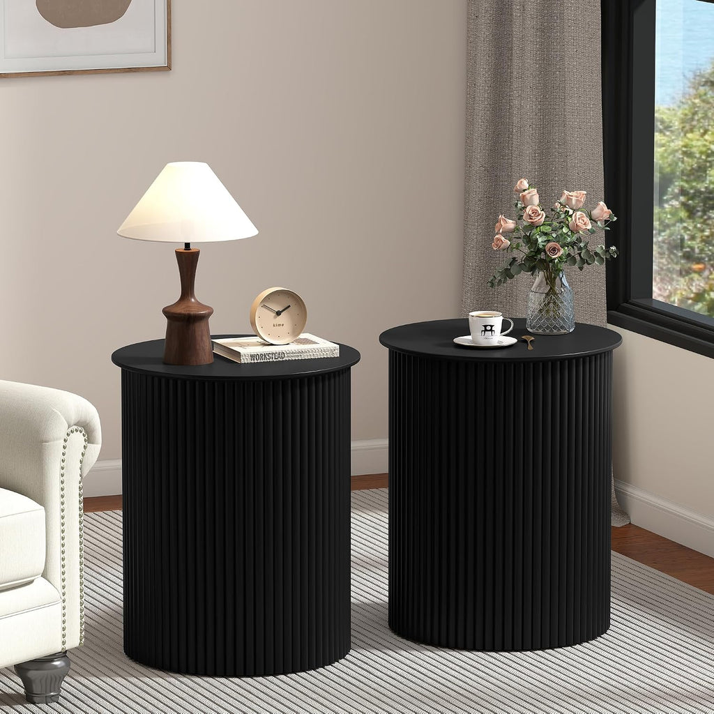 Round Fluted Side Table Set of 2, 17.7" Mid-Century Modern End Tables, Wooden Bedside Table Round Nightstand Small Circle Sofa Accent Table for Living Room, Bedroom Home(Black)