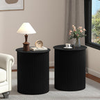 Round Fluted Side Table Set of 2, 17.7" Mid-Century Modern End Tables, Wooden Bedside Table Round Nightstand Small Circle Sofa Accent Table for Living Room, Bedroom Home(Black)