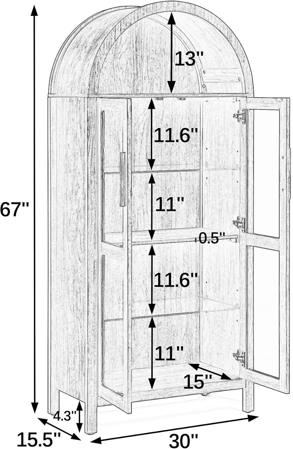 67" Arched Cabinet with Glass Doors: Pantry Cabinets for Kitchen Storage,Modern Retro Style Wooden,Book Display Shelf with Adjustable Glass Partitions & Light - for Kitchen,Entryway.Black