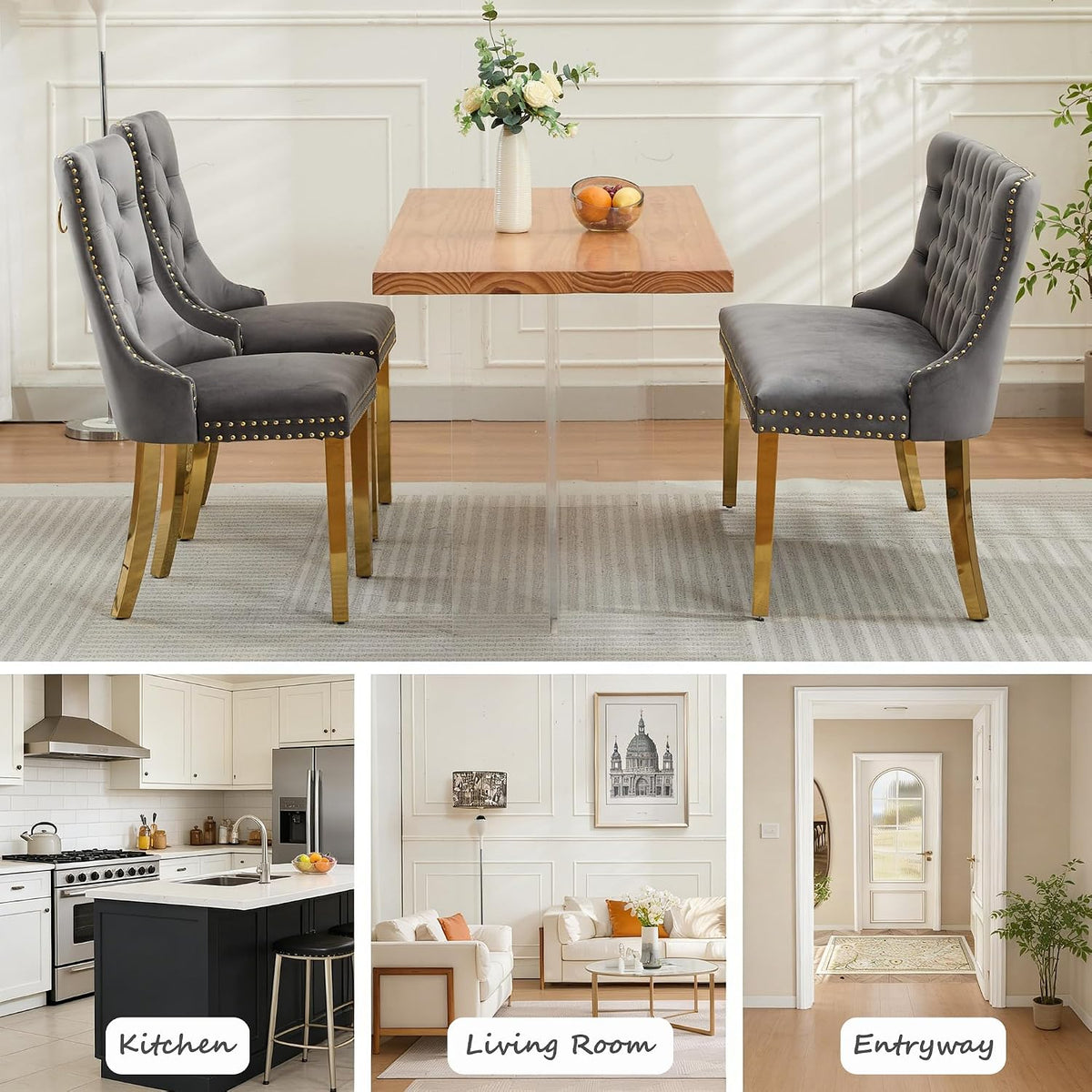Velvet Upholstered Dining Bench with Back, 45.6'' Tufted Loveseat Bench with Gold Stainless Steel Legs, Mid-Century Modern Banquette Seating for Dining Room, Kitchen, Entryway, Gray