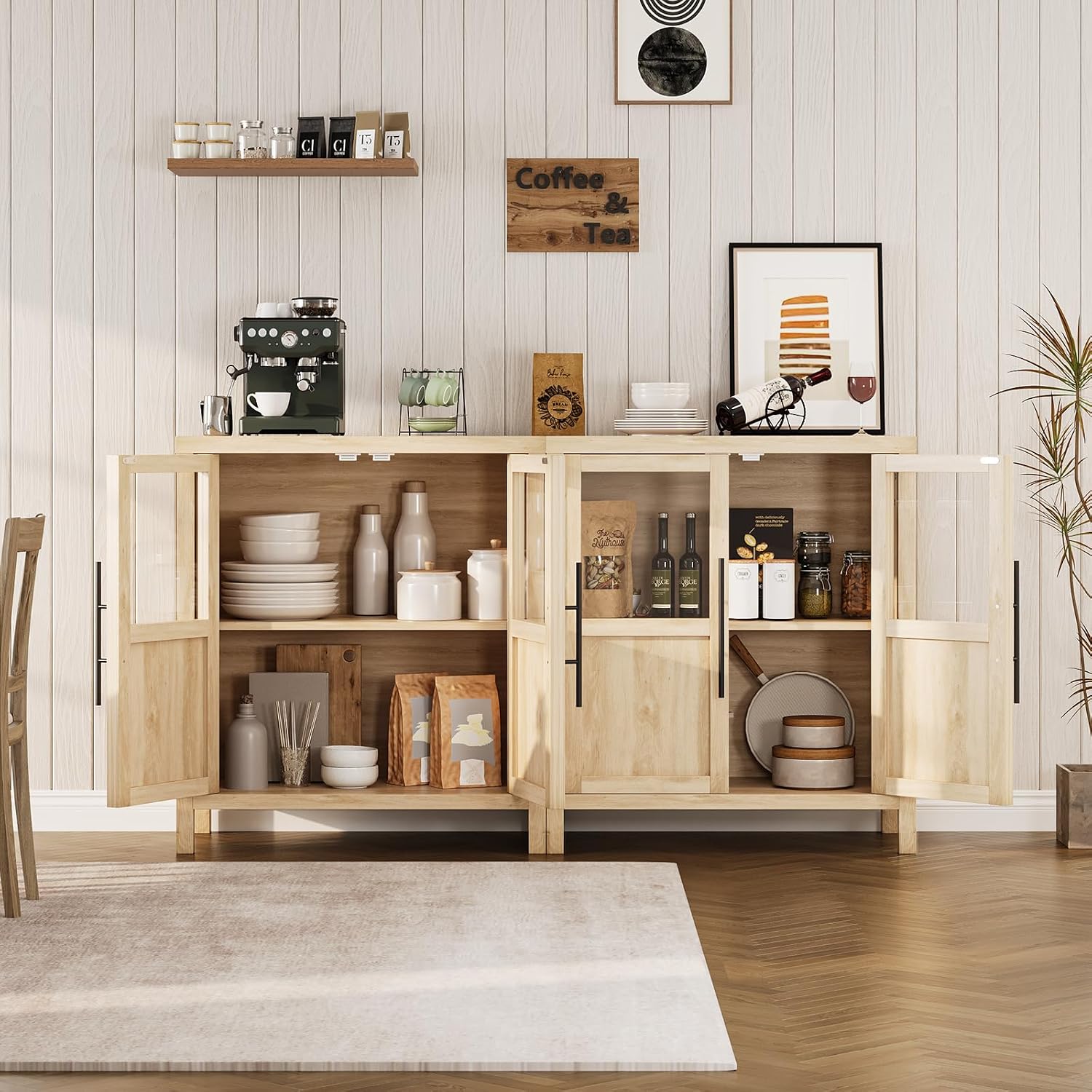 Garvee Large Buffet Cabinet with Storage, Sideboard Buffet Cabinet with Glass Doors, Modern Farmhouse Storage Cabinet Table for Kitchen Dining Room, Living Room (Pear Wood, Glass with 2 Doors)