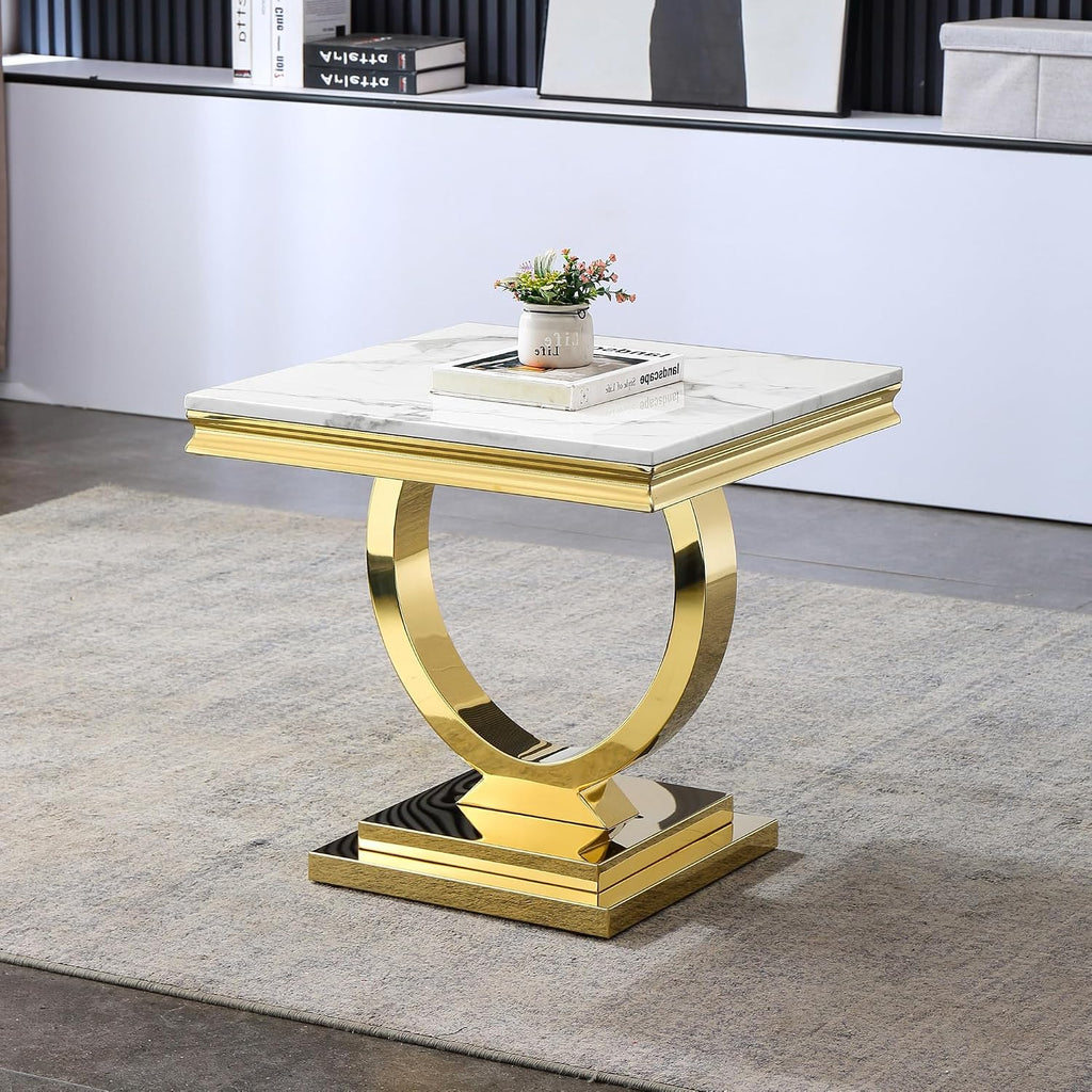 Modern Luxury Faux Marble End Table with Polished Gold Stainless Steel Base Square White Marble Side Table Elegant Small Bedside Table for Living Room Bedroom Office