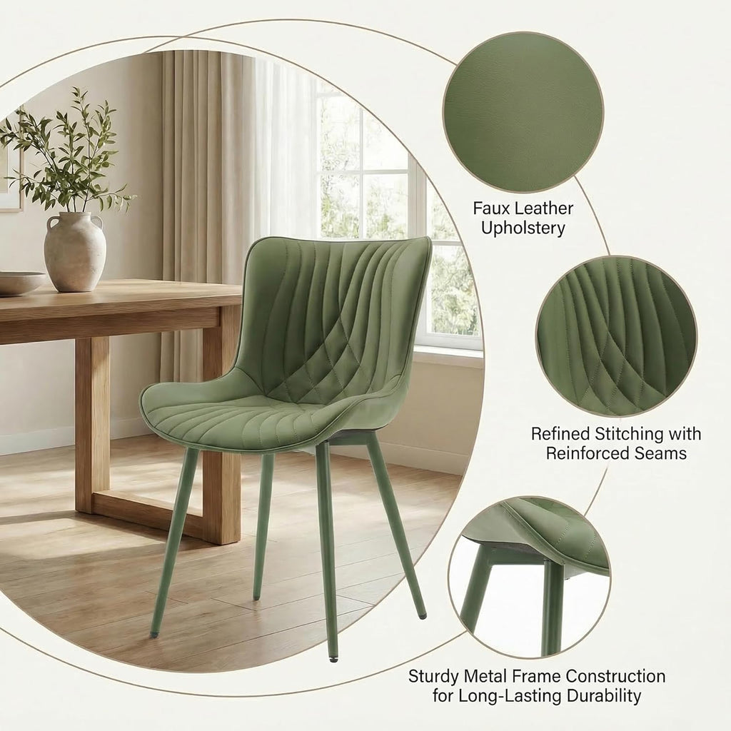 Kidol & Shellder Dining Chairs Set of 2, Mid Century Modern Kitchen Chairs with Metel Legs, PU Leather Upholstered Side Chair for Dining Room, Living Room, Lounge, Restaurant, Bean Green