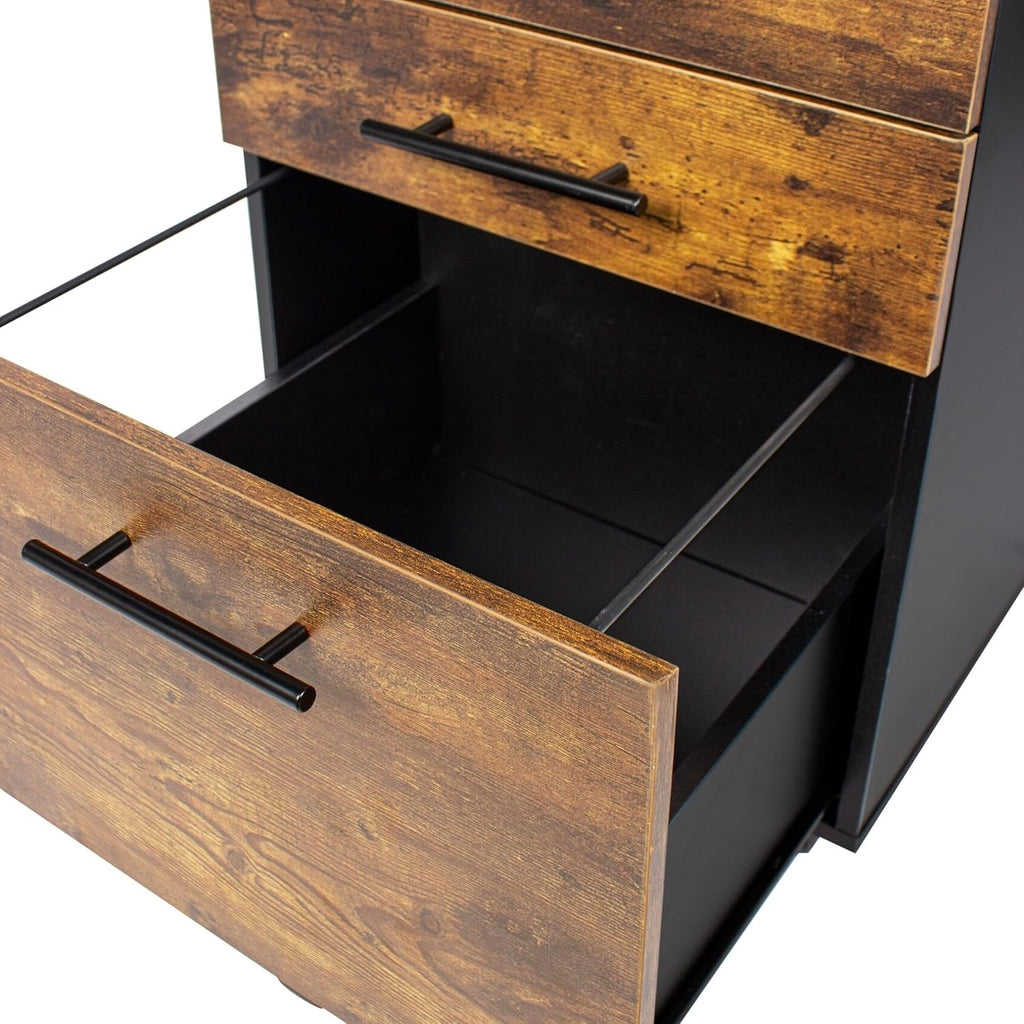 Relaxdays Roll Container with 3 Drawers, Hanging File, Castors, 57.5x40x40 cm, Black/Brown Filing Cabinet