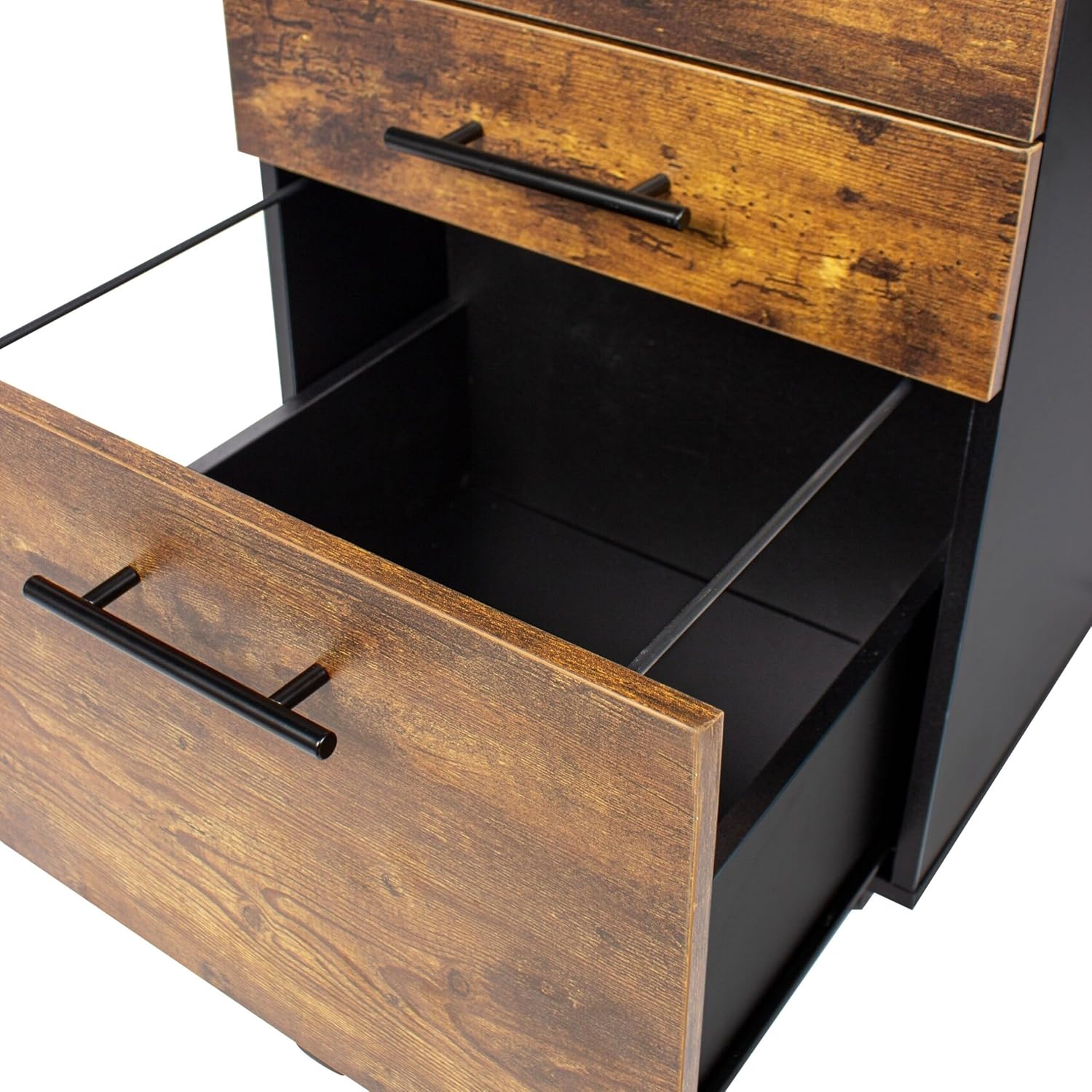 Relaxdays Roll Container with 3 Drawers, Hanging File, Castors, 57.5x40x40 cm, Black/Brown Filing Cabinet