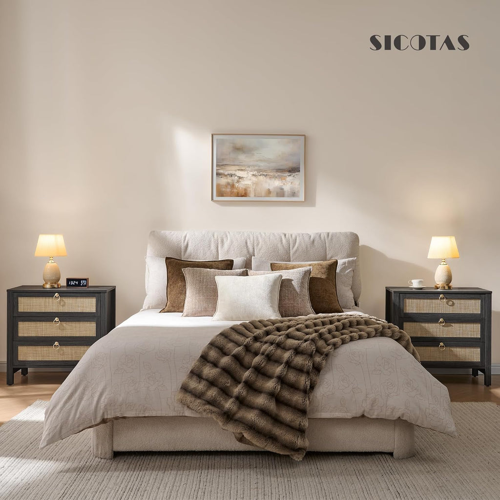 SICOTAS Rattan Nightstand Set of 2 with Drawers, Boho Large Bedside Tables | Wide Night Stand Set of 2 with 3 Drawers, Bedside Tables for Bedroom, Guest Room, Apartment, and Dorm Room, Bedroom Storage