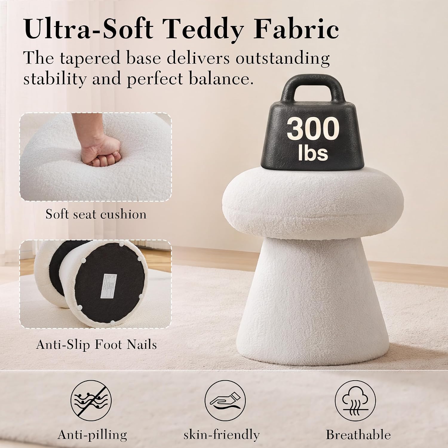 FOXHUNTER Mushroom Pouf Ottoman with 360° Rotation, White | Footstool with Sponge Filling, No Assembly Required, Soft Shoe Stool, Makeup Chair for Living Room Bedroom Entrance