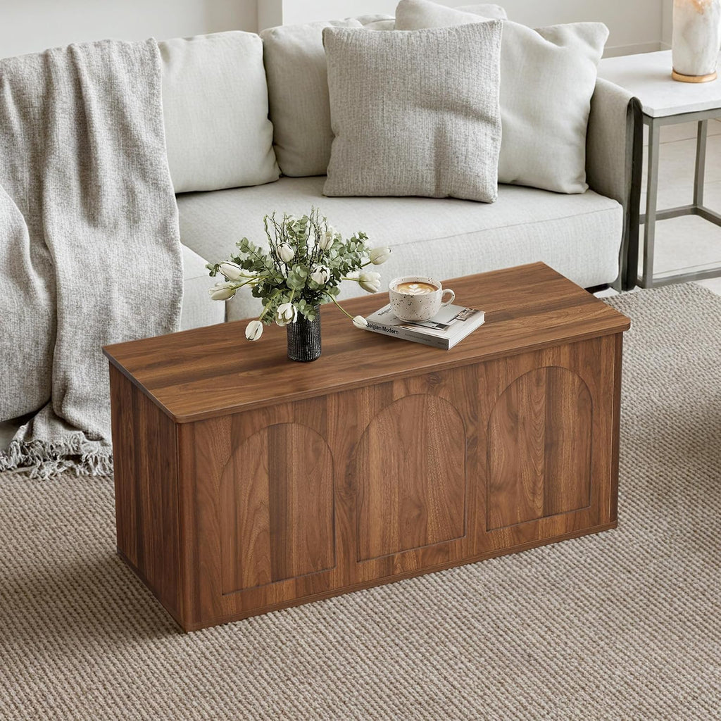 Storage Chest, 43'' Wood Storage Trunk with Flip-Top, Farmhouse Wooden Shoe Storage Bench for Hallway, Bedroom, Living Room, Walnut