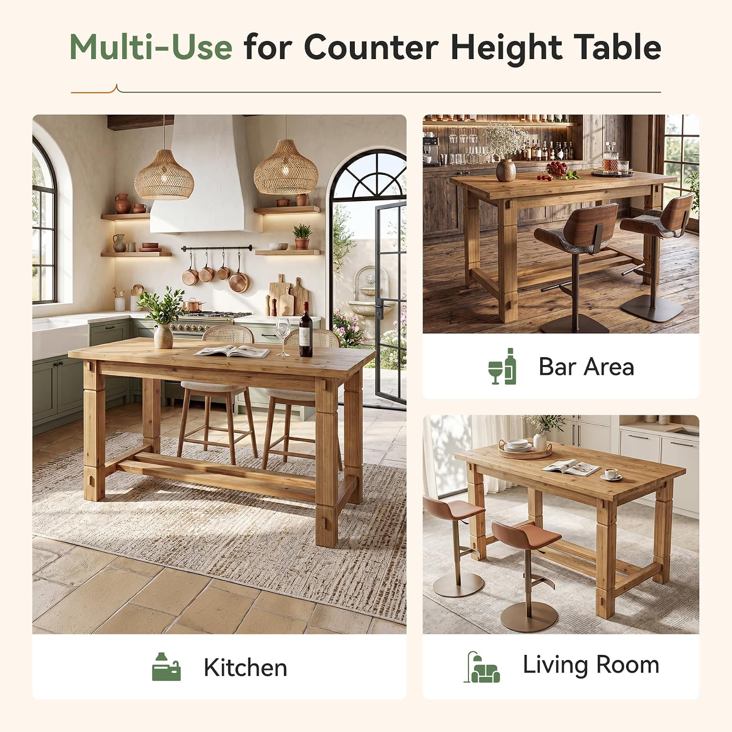 59.05" Solid Wood Home Kitchen Island with Spacious Tabletop | Counter Height Table, Sturdy Frame, Easy to Assemble, Farmhouse Style, Stationary Island for Home, Dining Room, Rustic Brown