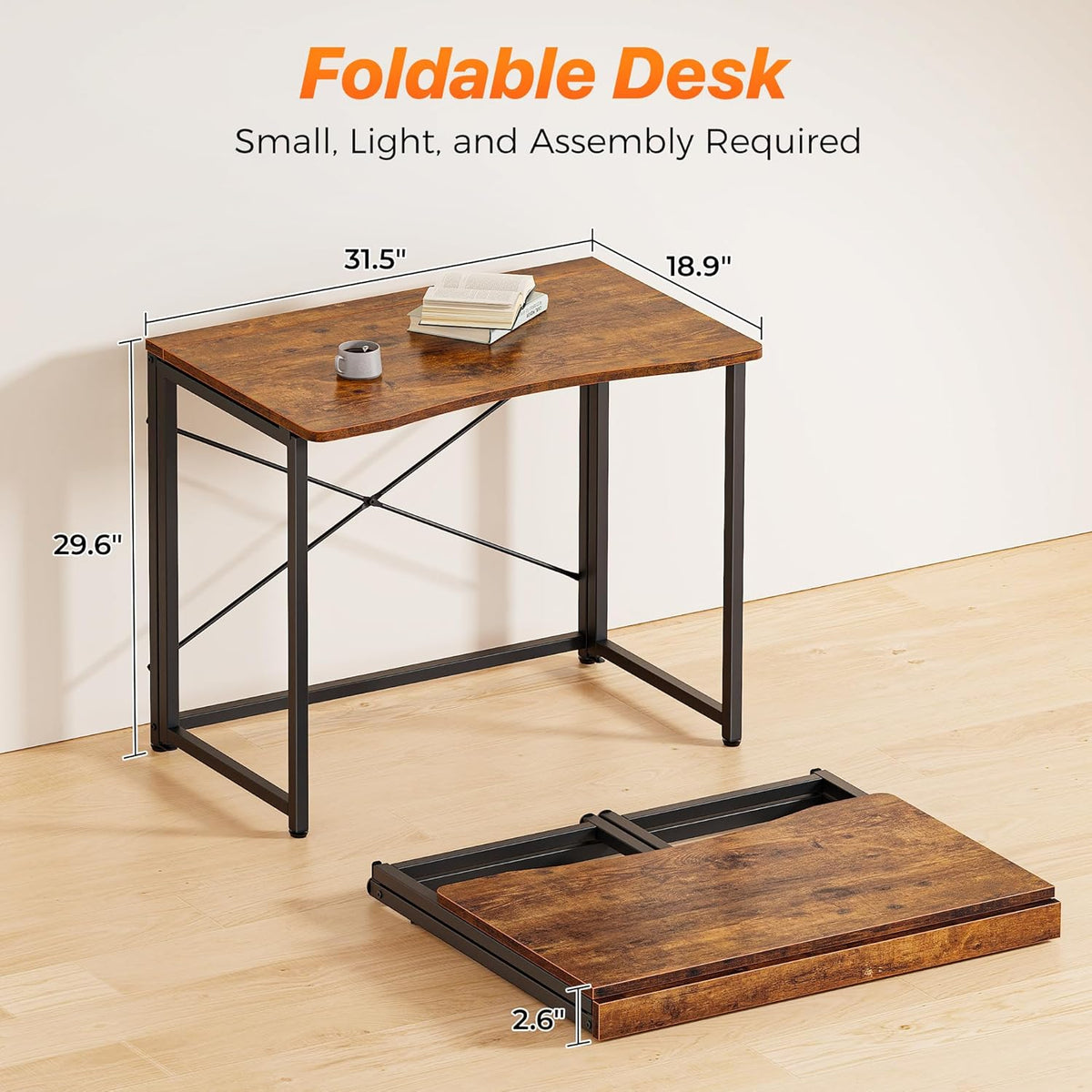 Huuger Folding Desk for Small Spaces, 31.5 Inch Foldable Computer Table | Easy Assembly, Small Writing Work Office Computer Desk, for Home Office, Study, Bedroom, Dorm, Space Saving, Rustic Brown