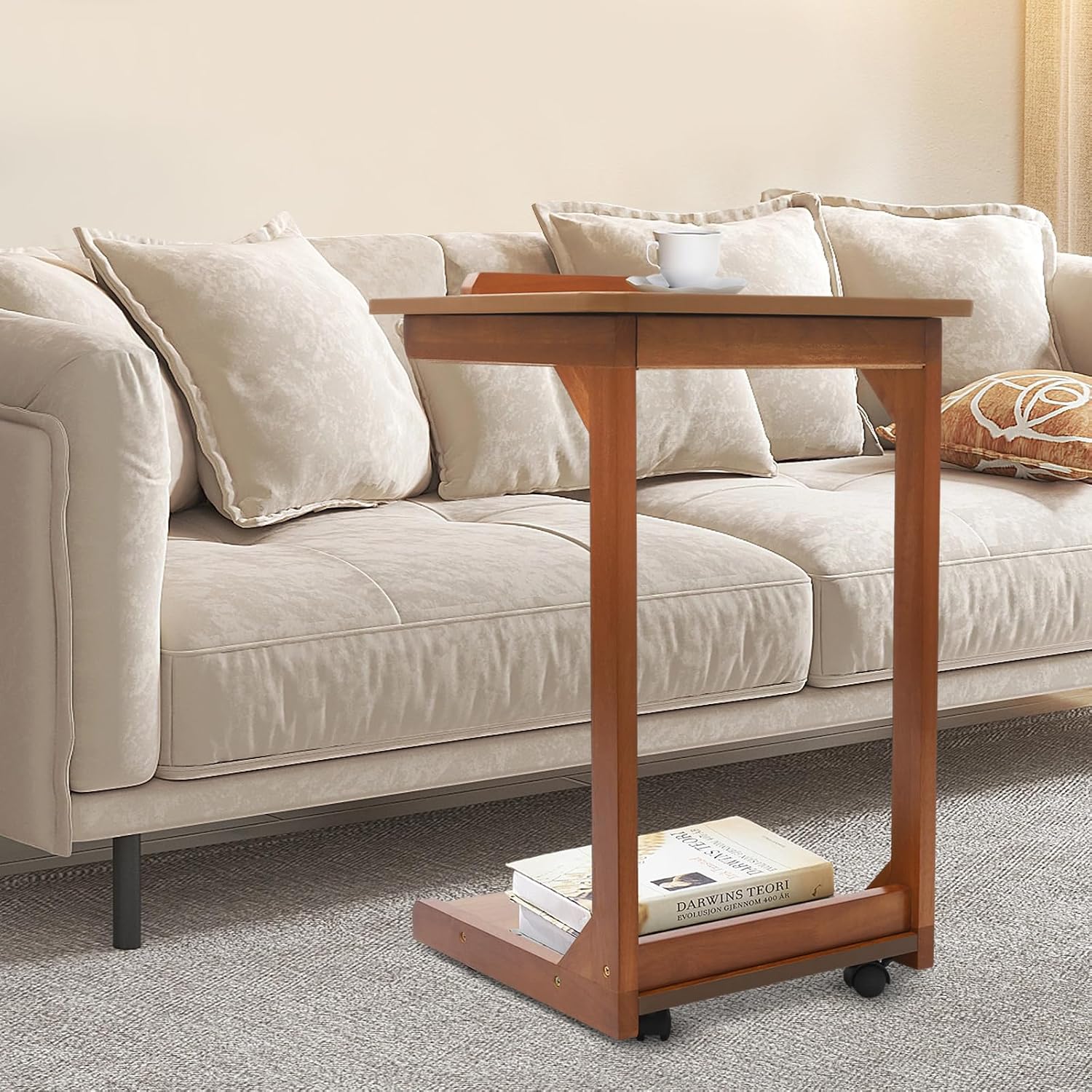 Side Table with Wheels, C Shaped Table for Sofa Bedside, 15.7"x15.7"x24.8“, End Tables Adjustable Desktop (0-40°) for Living Room,Bedroom (Walnut)