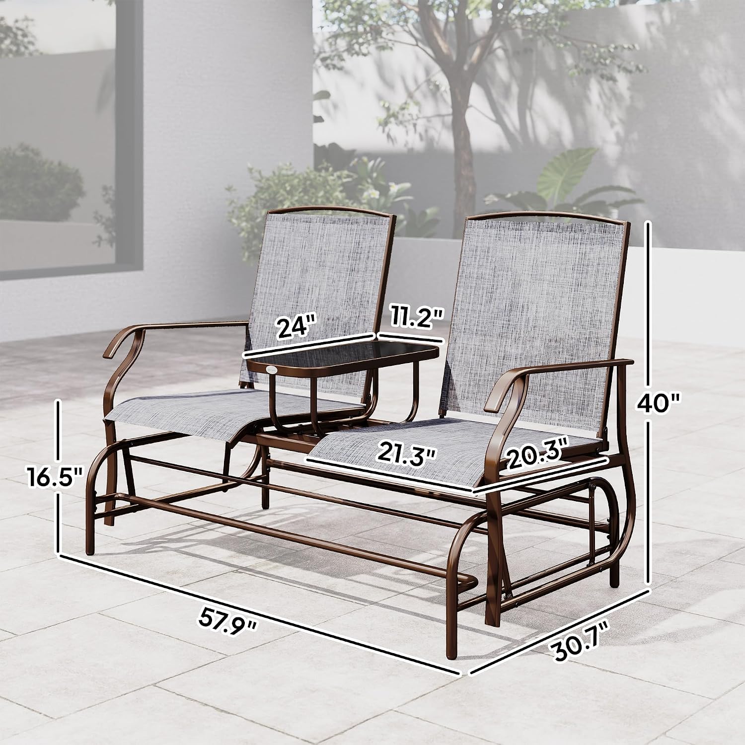 Outsunny Outdoor Glider Bench with Center Table Metal Frame Armrests Gray | Patio Loveseat, Breathable Mesh Fabric, for Backyard Garden Porch
