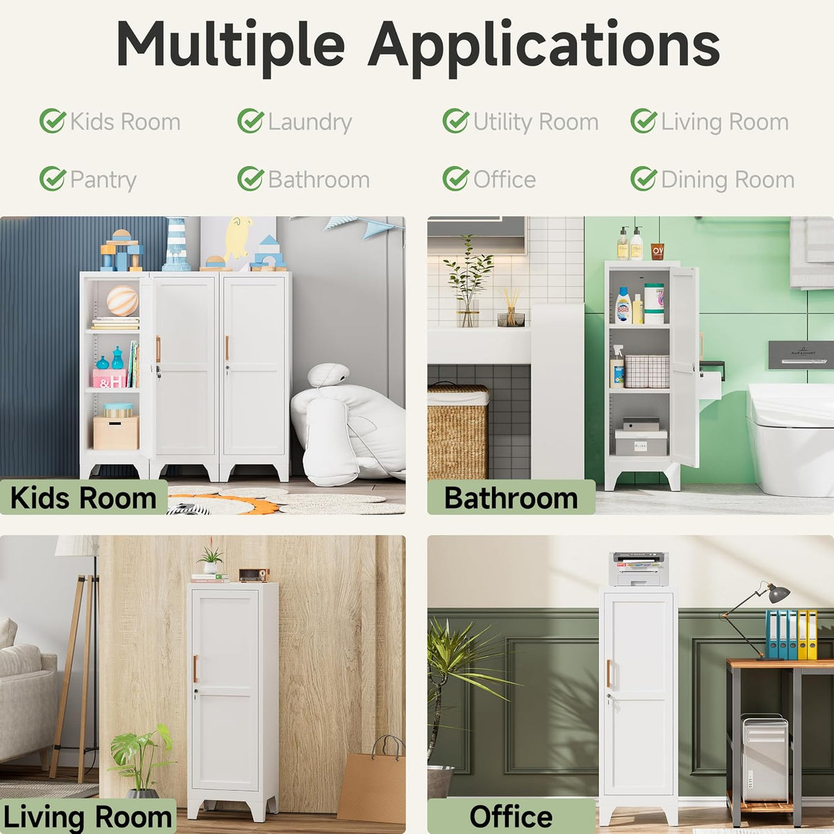 46" Tall Metal Pantry Cabinet, Kitchen Pantry Storage Cabinets with 1 Door and 2 Adjustable Shelves, Small Bathroom Cabinet,Cupboard for Kitchen, Dining Room- Assembly Required/White