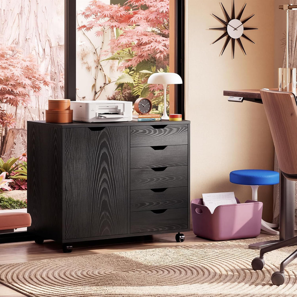 DEVAISE 5-Drawer Wood Drawer Cabinet, Office Storage Cabinet, Black | Craft Storage Cabinet, Under Desk Drawer, Rolling Cart Furniture, Adjustable Shelf & Wheels, Printer Stand, Home Office