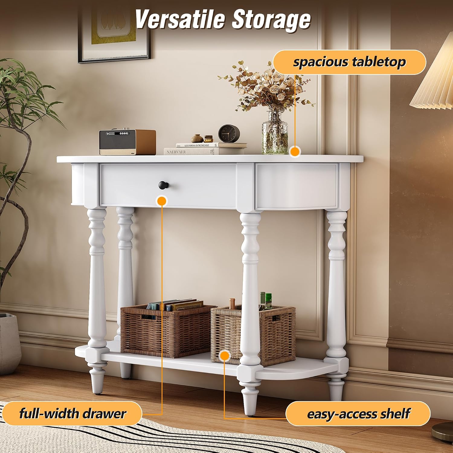 LKTART Solid Wood Corner-Curved Console Table,Farmhouse Space-Saving Entryway Sofa Table with Drawer & Open Shelf for Living Room,Hallway,Foyer(White 36")