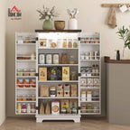 HOMCOM 47" LED Kitchen Pantry Cabinet with Barn Door 5 Deep Shelves White | Farmhouse Storage Cabinet, 12 Door Shelves, Freestanding Food Pantry