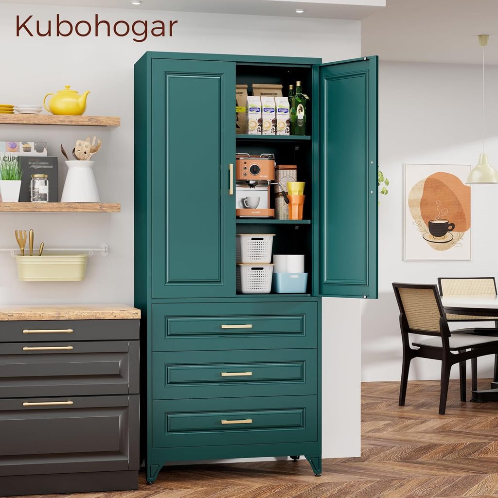 75" Tall Kitchen Pantry Cabinet, Storage Cabinet with 3 Drawers | Metal Kitchen Cabinet with Doors & 2 Adjustable Shelves, Tall Food Pantry, Cupboard for Kitchen, Dining Room, Garage, Office