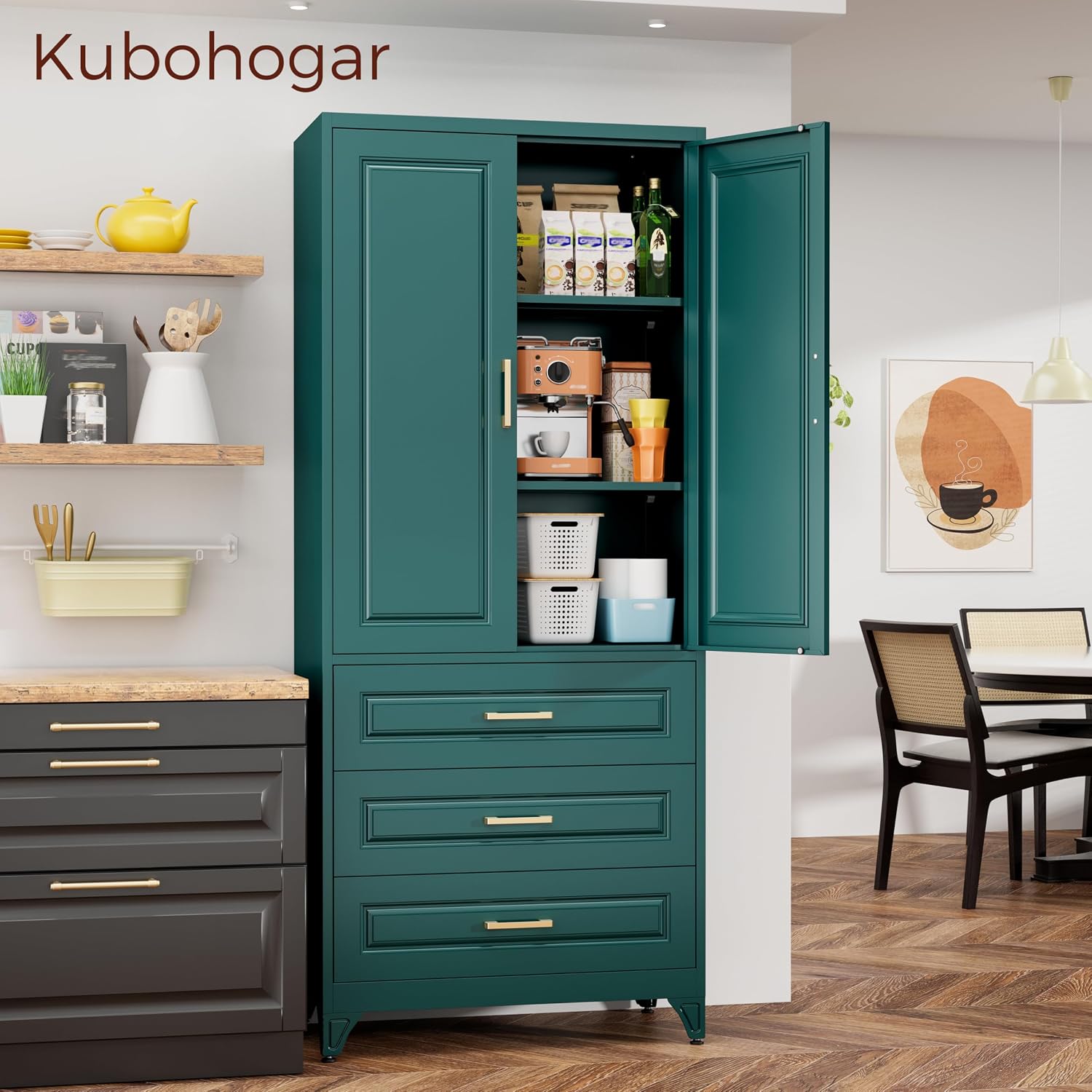 75" Tall Kitchen Pantry Cabinet, Storage Cabinet with 3 Drawers | Metal Kitchen Cabinet with Doors & 2 Adjustable Shelves, Tall Food Pantry, Cupboard for Kitchen, Dining Room, Garage, Office