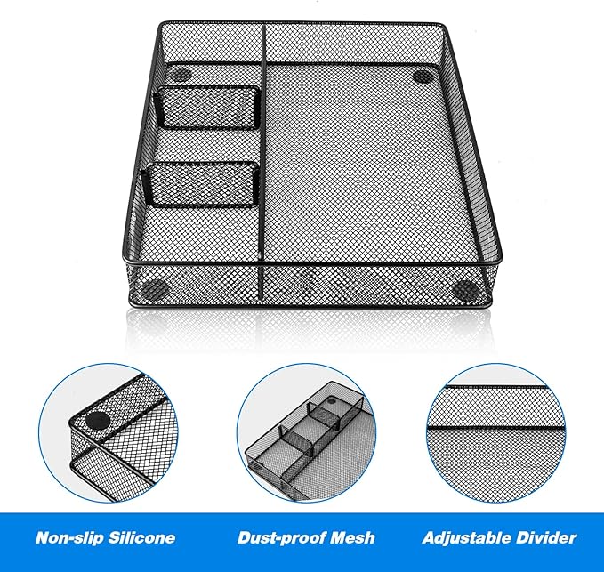 Desk Drawer Organizer Tray, Metal Mesh Drawer Organizers Office, 4 Grid with Adjustable Compartment, Desk Organizer Tray for Home Office 12x10.6x1.9 inch Black, 2 Pack