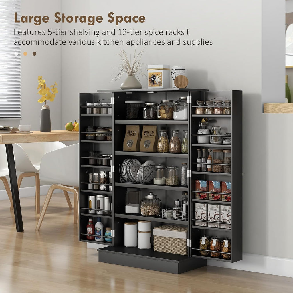 41" Black Kitchen Pantry Cabinet - Extra Storage, Double Doors, Adjustable Shelves