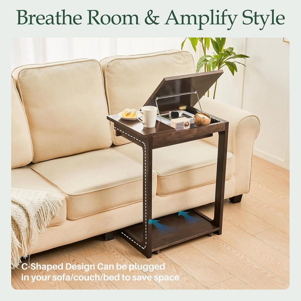 Wood Side Table for Couch - C Shaped Rolling End Table with Wheels Drawer, Wooden Modern Tv Tray Bedside Tables for Sofa Armchair Living Room Bedroom, Black Walnut, 15.4 in x 23.6 in x 24.8 in
