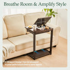 Wood Side Table for Couch - C Shaped Rolling End Table with Wheels Drawer, Wooden Modern Tv Tray Bedside Tables for Sofa Armchair Living Room Bedroom, Black Walnut, 15.4 in x 23.6 in x 24.8 in