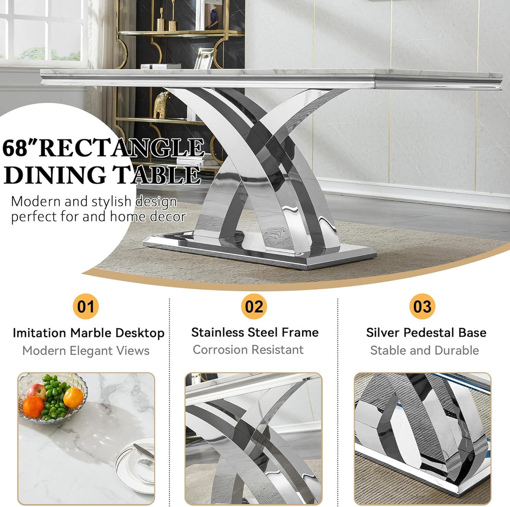 68" Marble Dining Table Set for 6, Modern Rectangle Dining Room Table Set for 6, Luxury White Silver Marble Kitchen Table and Chairs Set of 6 for Living Room,Kitchen