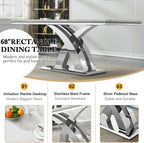 68" Marble Dining Table Set for 6, Modern Rectangle Dining Room Table Set for 6, Luxury White Silver Marble Kitchen Table and Chairs Set of 6 for Living Room,Kitchen