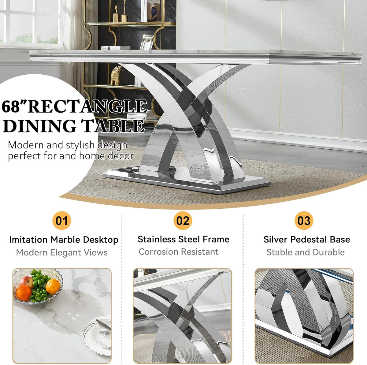 68" Marble Dining Table Set for 6, Modern Rectangle Dining Room Table Set for 6, Luxury White Silver Marble Kitchen Table and Chairs Set of 6 for Living Room,Kitchen