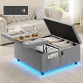 Dnxao Ottoman Coffee Table with Storage and Tray for Living Room, Gray | Tufted Velvet Large Square Ottoman with LED Lights and Charging Station, Multi-Functional Footrest with Storage Pockets