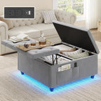 Dnxao Ottoman Coffee Table with Storage and Tray for Living Room, Gray | Tufted Velvet Large Square Ottoman with LED Lights and Charging Station, Multi-Functional Footrest with Storage Pockets