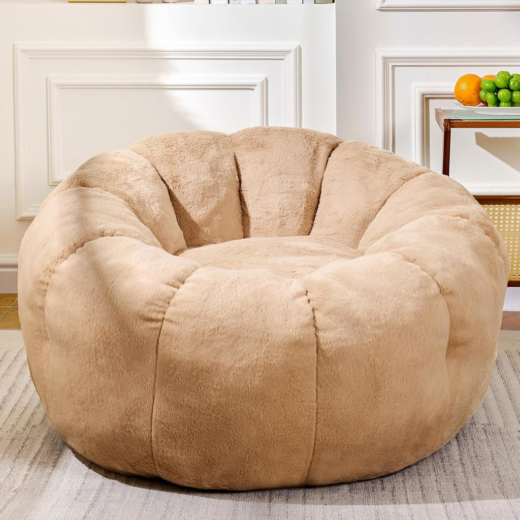Flower Bean Bag Chair for Teens and Young Adults, Soft Faux Fur Floor Seating with Memory Foam, Aesthetic Room Decor Cozy Lounger for College Dorm, Khaki