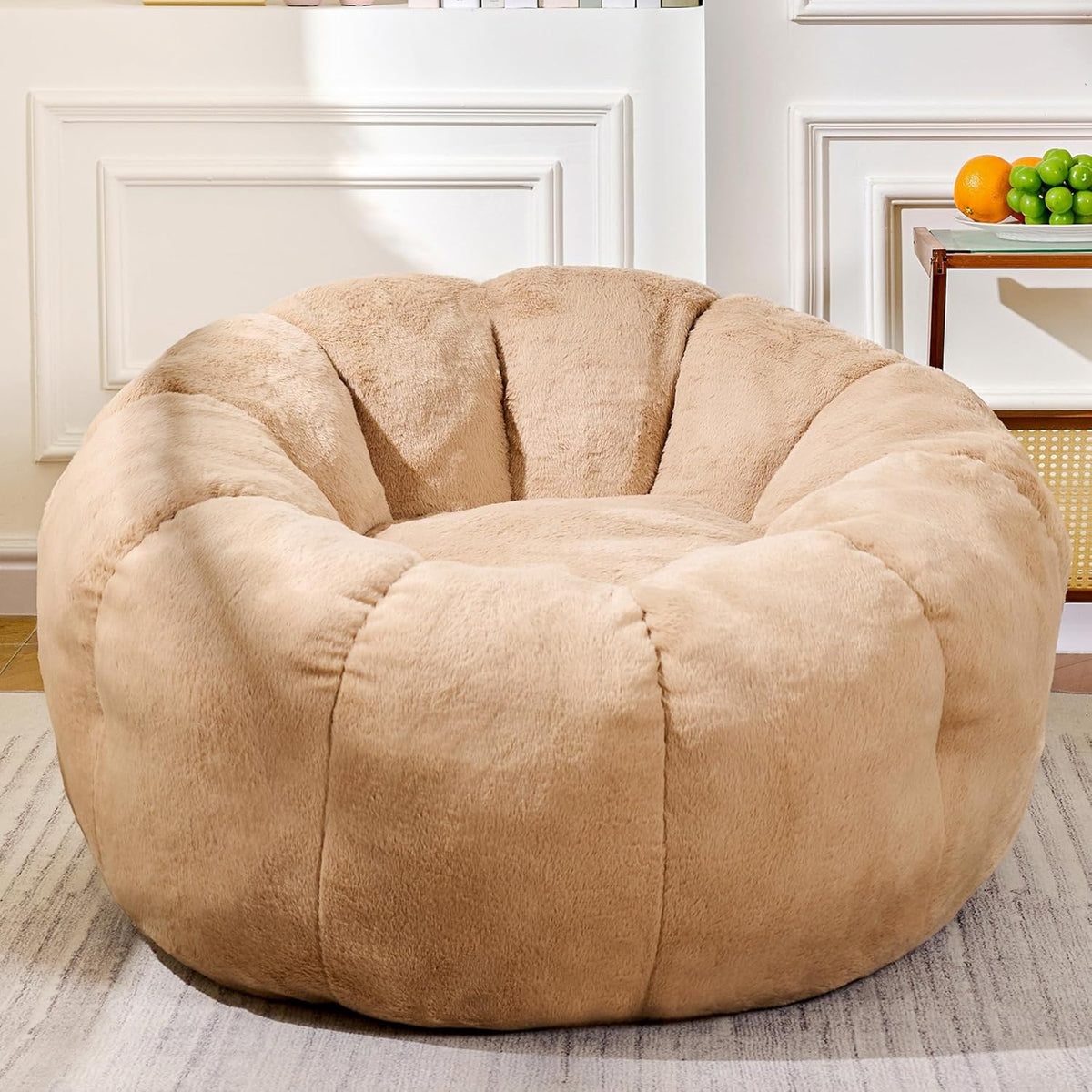 Flower Bean Bag Chair for Teens and Young Adults, Soft Faux Fur Floor Seating with Memory Foam, Aesthetic Room Decor Cozy Lounger for College Dorm, Khaki