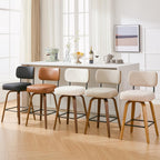 Swivel Bar Stools Set of 3, 26" Counter Height, Brown | Walnut Wood Legs, Upholstered Seat, Supportive Backrest, Easy-Clean Faux Leather, Mid-Century Modern, 4-Inch Cushion