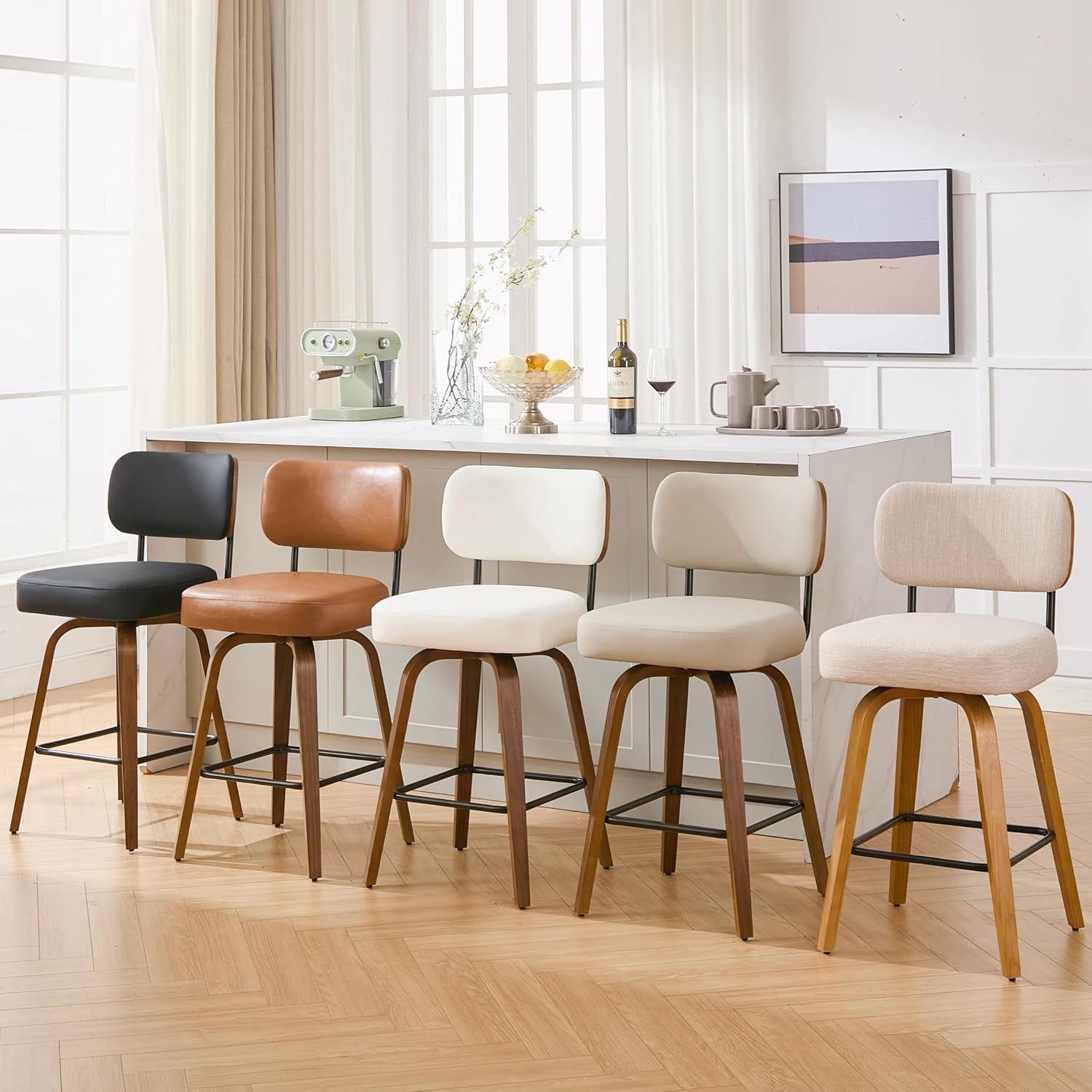Swivel Bar Stools Set of 3, 26" Counter Height, Brown | Walnut Wood Legs, Upholstered Seat, Supportive Backrest, Easy-Clean Faux Leather, Mid-Century Modern, 4-Inch Cushion