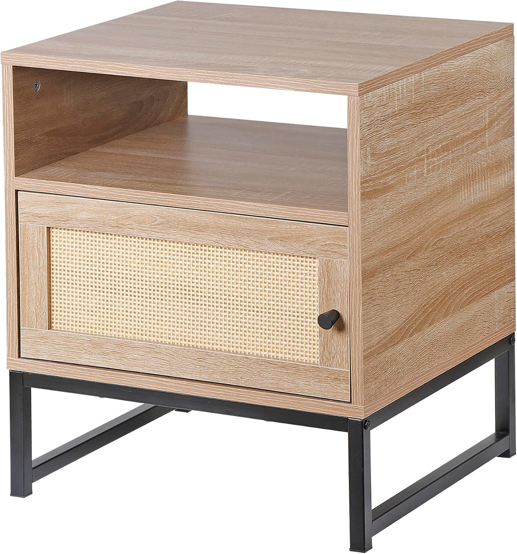 Nightstands End Table, PE Rattan Decor Drawer Opening Shelf, Set of 2 Bed Side Tables with Solid Steel Feet,for Bedroom Living Room Hallway, Natural