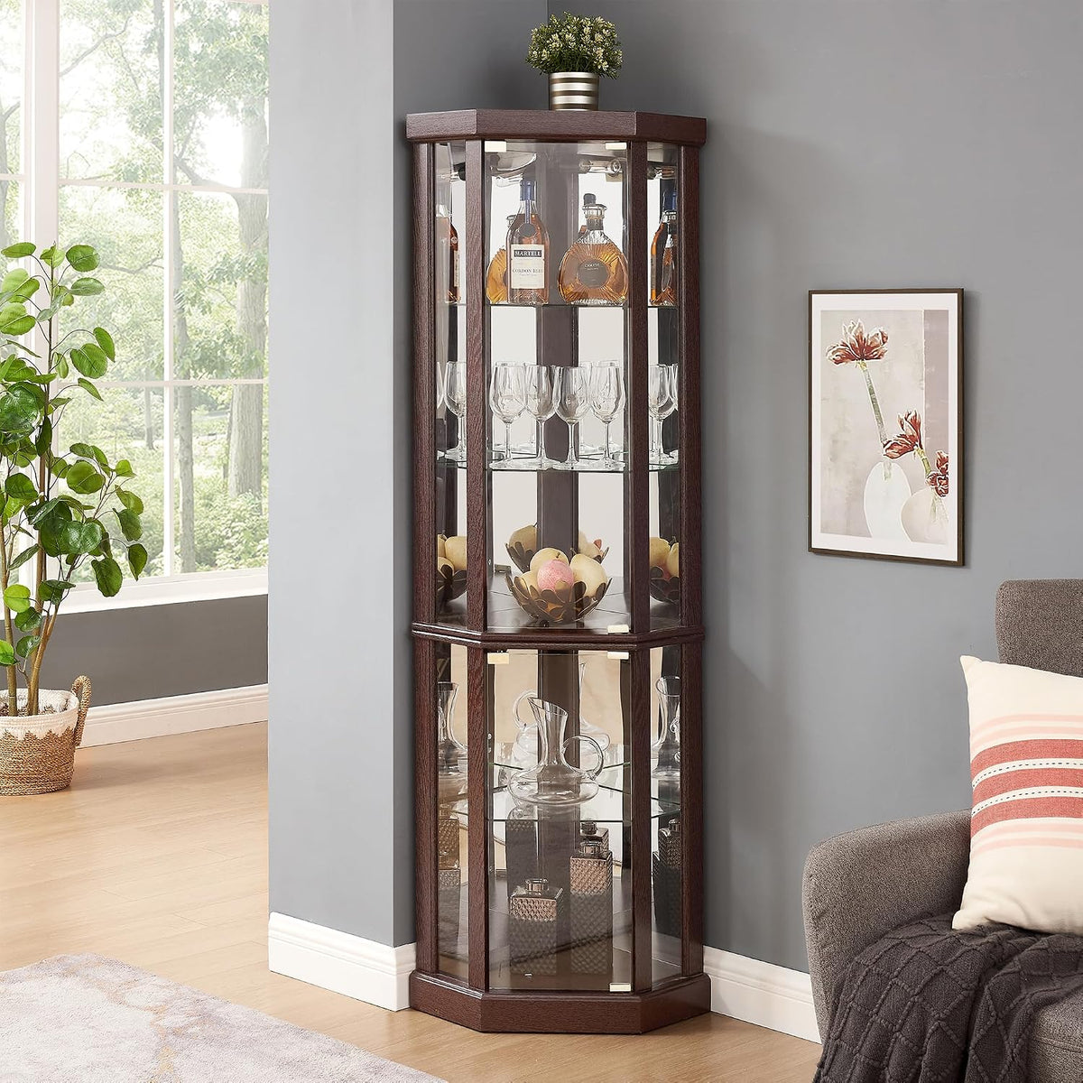 69" H Lighted Corner Curio Cabinet Display Case With Adjustable Shelves, Tempered Glass, Mirrored Back Panel for Living Room (Dark Cherry)