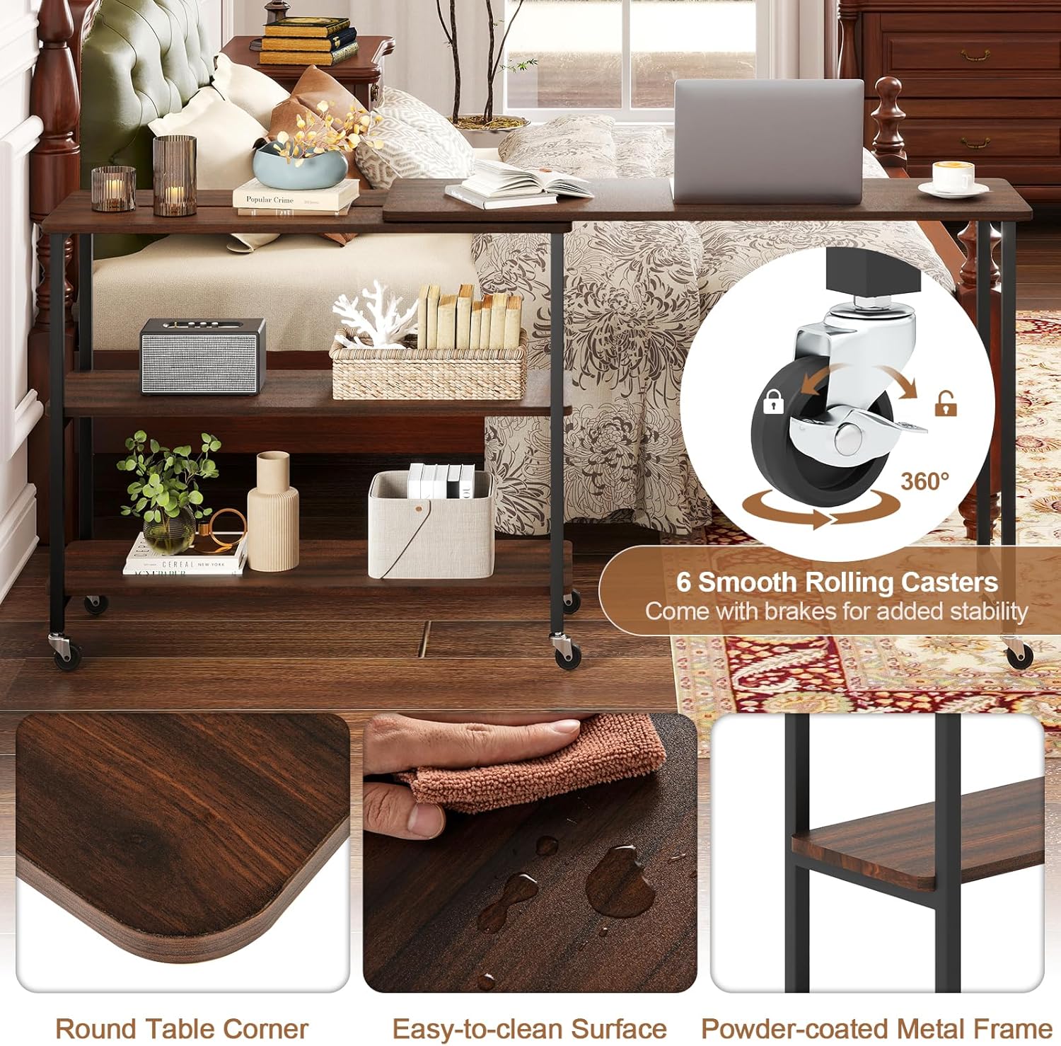 Tangkula Large 360° Free Rotating Sofa Side Table, Patented Mobile Couch Desk with 2-Tier Storage Shelves, Movable Laptop Desk with Sturdy Metal Frame, Extendable Couch Snack Table for Home Office