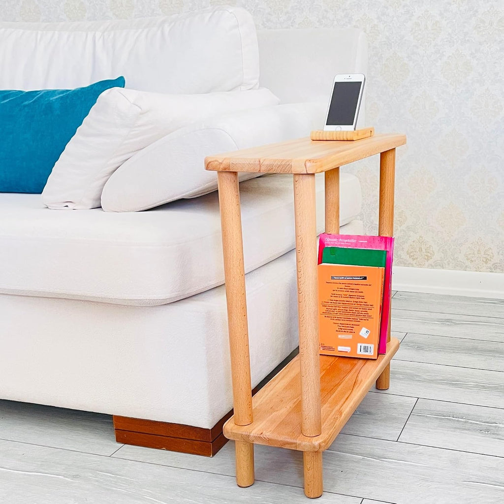Handmade Slim Side Table Solid Beech Wood for Couch Living Room, Authentic Narrow End Table Hardwood 2 tier with Open Shelf for Office, Bedrooms, Book Rack, Eating Snack Tray, TV (Extra Slim, 7")