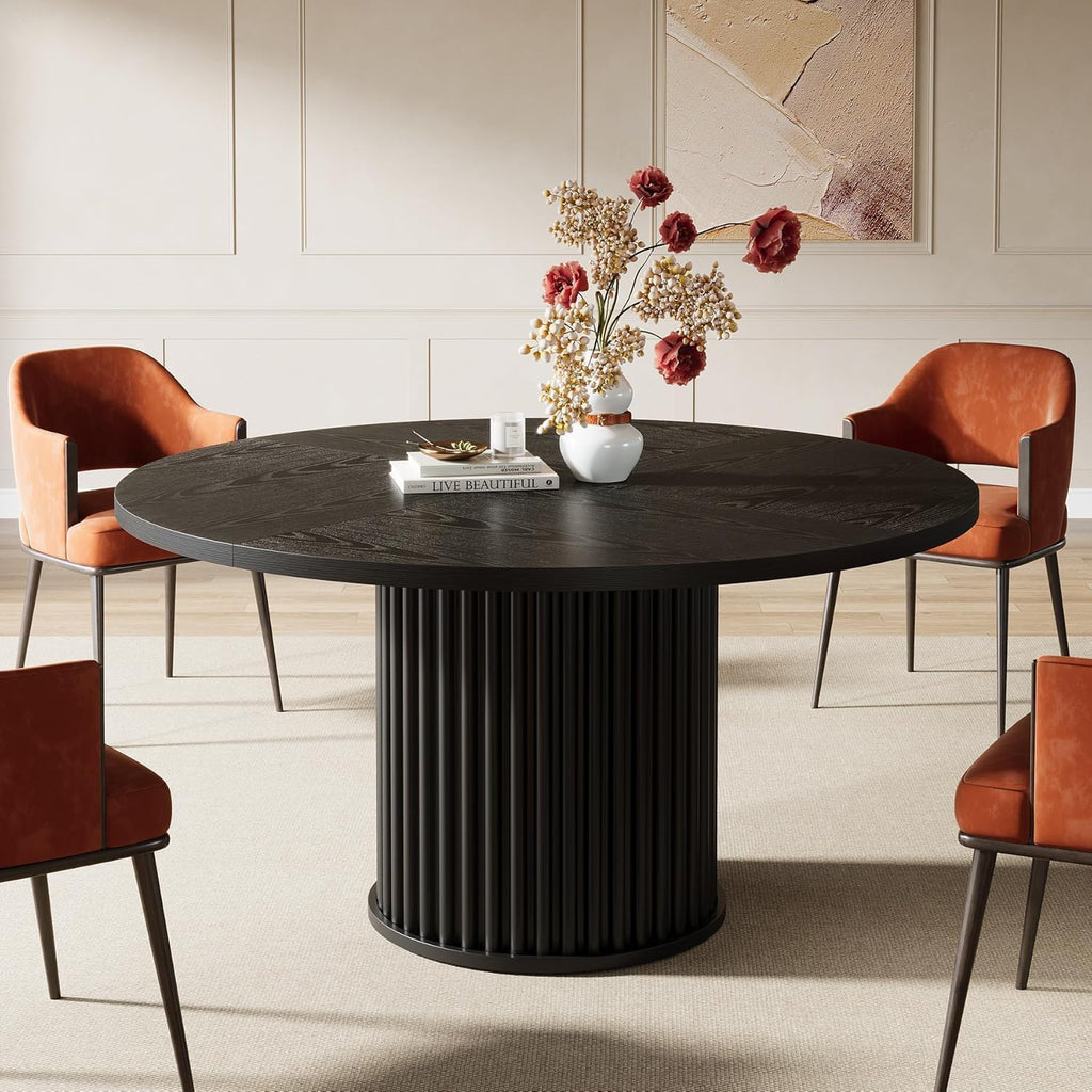 Tribesigns 47.24" Black Round Dining Table for 4-6 People | Modern Fluted MDF + Metal Base Kitchen Table, Sturdy Circle Dining Room Furniture, Easy Assembly, Black