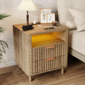 Fluted Nightstand with Charging Station, 2 Drawers Oak