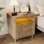 Fluted Nightstand with Charging Station, 2 Drawers Oak